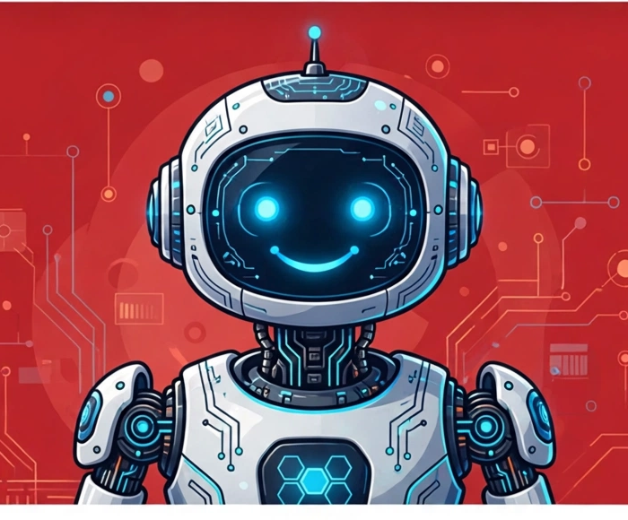 Friendly futuristic robot surrounded by circuit patterns